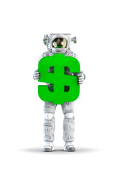 Dollar symbol astronaut - 3D illustration of space suit wearing male figure holding green USA currency symbol isolated on white studio background