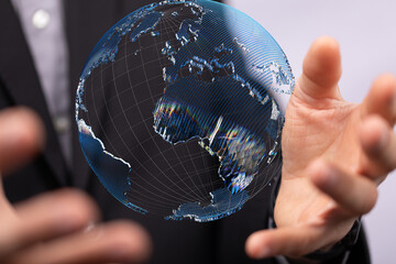 Global telecommunication network around the World with connections between data centers or...