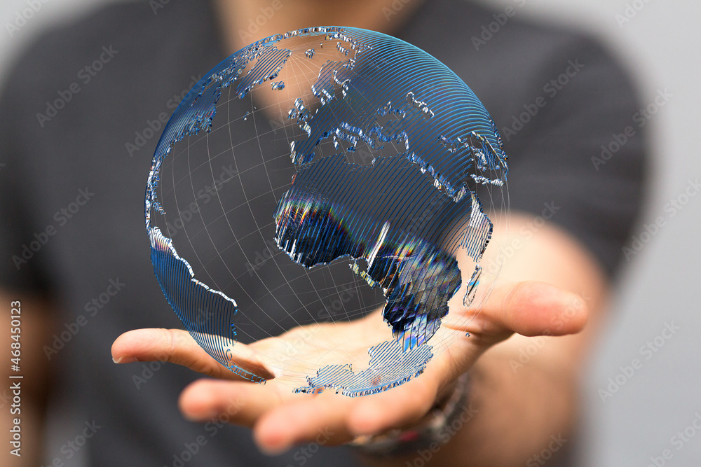 Poster Global network concept. World map point. Global network planet Earth. 3D rendering.