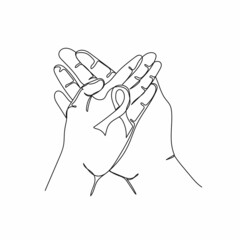 Vector continuous one single line drawing icon of aids awareness hands holding ribbon in silhouette on a white background. Linear stylized.