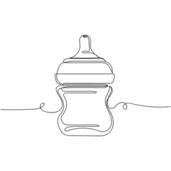 Vector continuous one single line drawing icon of baby bottle for milk in silhouette on a white background. Linear stylized.