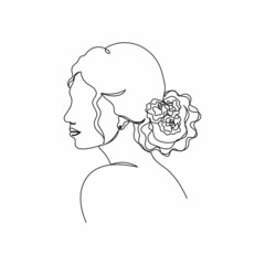 Vector continuous one single line drawing icon of beautiful woman girl with flowers hair in silhouette on a white background. Linear stylized.