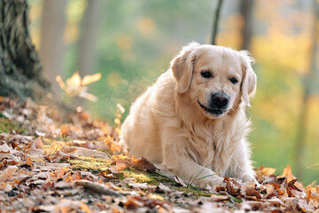 Joyka the Golden Retriever is enjoying his morning hike in the woods of Western Pennsylvania, USA. It's November but the weather is sunny and warm. The fall foliage is yellow and red and the beige dog