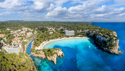 Landscape with aerial view of Cala Galdana beach, Menorca island, Spain