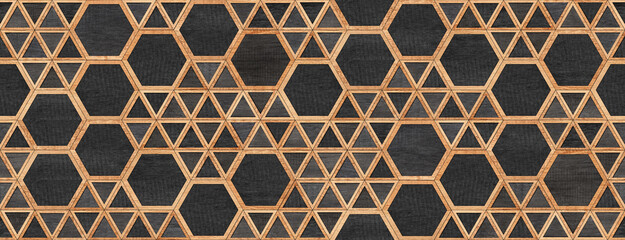 Seamless wooden background. Black and brown wooden wall with triangular and hexagonal pattern. 