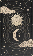 Mystical drawing of sun with face, moon and crescent moon. The device of the universe, crescent moon and sun with moon