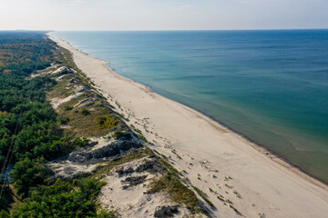 White sand beach. View to Baltic Sea Costline. Curonian Spit, Aerial view of the sea coast with...