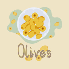 Olives are on a plate, top view. 