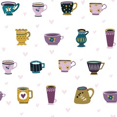 Seamless pattern of different beautiful cups on a white background. Design element. Beautiful glassware for drinks. Coloring. Vector illustration. Flat design.