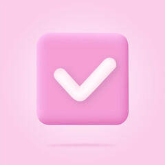 Check mark icon in trendy 3d style on pink square button. White checkmark symbol. Vector illustration isolated on pink background