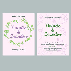 Green and pink wedding invitations decorated with hand-drawn floral elements, size 20.5x15.5