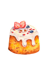 Watercolor food illustration of pound cake. Biscuit cake. Idea for bakery, confectionery, menu, cards, shop, pastry. Watercolor colorful element. Sweets and desserts. Realistic artwork.