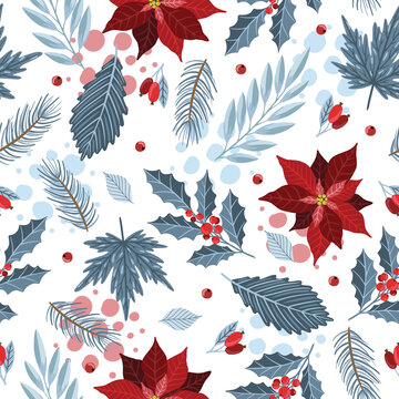 Seamless pattern with Christmas Tree Decorations, Pine Branches, poinsettia, berries.