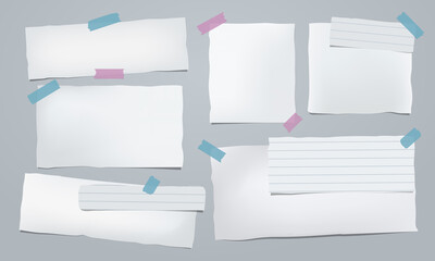 Set of crumple white note, notebook paper pieces with sticky tape stuck on dark grey background. Vector illustration