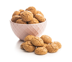 Amaretti biscuits in bowl. Sweet italian almond cookies.