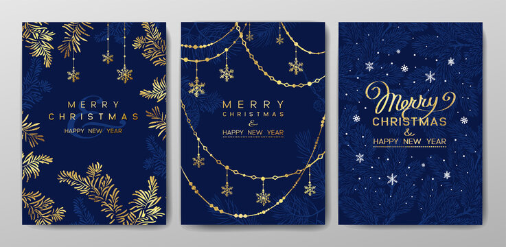 Christmas Poster set. Vector of Christmas cards with golden branches of Christmas tree on deep blue background.