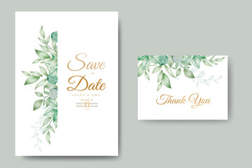 Fototapeta na wymiar greenery wedding invitation card with leaves watercolor