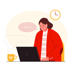 Young woman working on a laptop. Chat, online communication. Cartoon vector illustration.