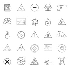 Warning and hazard icons set isolated on white background. Signs for web site, poster and placard. Thin line simple icons like danger, high electricity, uv radiation and toxic gas. Vector illustration