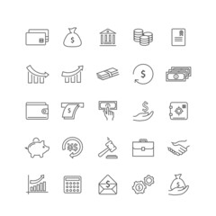 Money thin line icon set isolated on white background. Flat icons for web site, mobile app and law. Simple finance symbols like: dollar, euro, coin, safe, money wallet and chart. Vector illustration