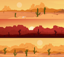 Desert landscape scene with cactuses at sunset set vector illustration. Cartoon mountain wild horizontal panorama nature scenery with dry plants, rock canyon and cacti, hot sun in sky background