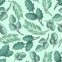 Christmas green seamless pattern with twigs and leaves. Festive background. Pattern for printing on paper, fabric, postcards. The ornament is vegetable.
