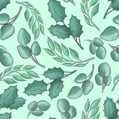Gordijnen Kerst groen naadloos patroon met twijgen en bladeren. Feestelijke achtergrond. Patroon voor afdrukken op papier, stof, ansichtkaarten. Het ornament is plantaardig. © Anna