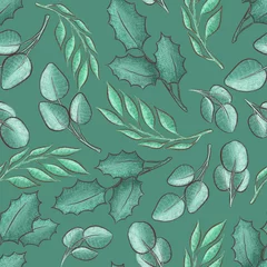 Kerst groen naadloos patroon met twijgen en bladeren. Feestelijke achtergrond. Patroon voor afdrukken op papier, stof, ansichtkaarten. Het ornament is plantaardig. © Anna