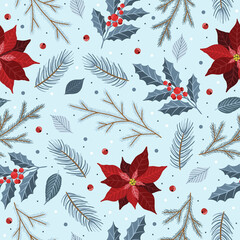 Seamless pattern with Christmas Tree Decorations, Pine Branches, poinsettia, berries.