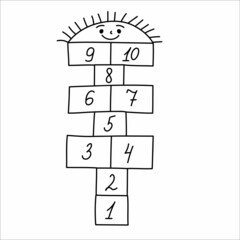 Doodle hopscotch kids game. Hopscotch with black numbers. Hand drawn outdoor game. Activity for children.