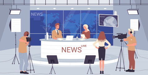 Tv studio live news, broadcasting show interview vector illustration. Cartoon backstage television production scene with people presenters at desk on platform stage, operator cameraman with camera