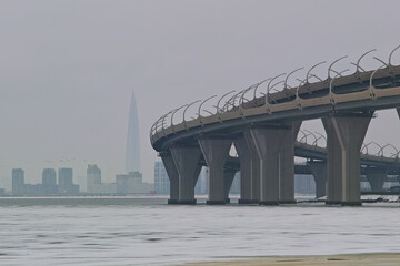 View of the highway and skyscraper in St. Petersburg