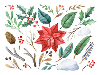 Christmas floral set. Watercolor illustration with poinsettia, mistletoe, fir-tree branches and holly isolated on white background. Hand drawn clipart for greeting cards, invitations, scrapbooking.