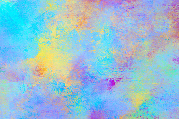 abstract colorful background with paint stains, light grunge, mixture of vivid blue, turquoise, yellow, purple, orange wallpaper, interior painting, cover design, textured wall surface, color splash 
