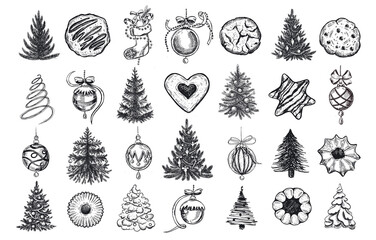 Christmas tree set, Cookie and Christmas ball, Hand drawn illustration.	
