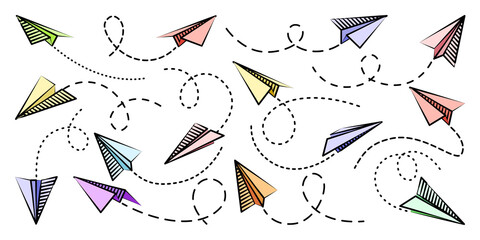 Various hand drawn paper planes. Colorful doodle airplanes with dotted route line. Aircraft icon, simple plane silhouettes. Outline, line art. Vector illustration.