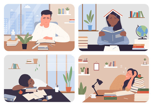 Tired student studying, doing school homework in stress set vector illustration. Cartoon sad frustrated girl boy teen character sitting at desk, burnout from hard study, education problem concept
