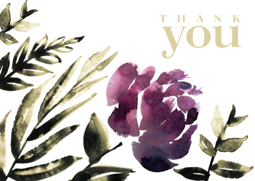 Watercolor thank you card in purple and olive. 