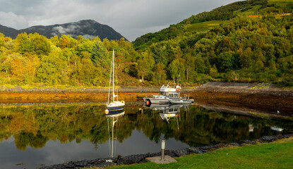 Fototapeta na wymiar Loch, Scotland, Highlands, Boats, Yacht, Water, Lake, Ballachulish, Glen Coe, Landscape, Nature, Mountains, Sky, Forest