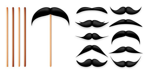 Realistic black mustache on a wooden stick. Fake paper mustache isolated on white background. Fashionable facial hair. Vintage design element. Creative vector illustration.