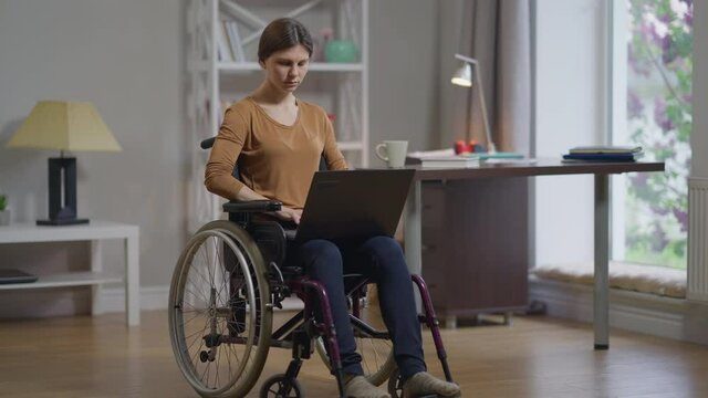 Wide shot serious disabled young slim woman in wheelchair with laptop typing on keyboard messaging online. Portrait of concentrated Caucasian beautiful freelancer surfing Internet in slow motion