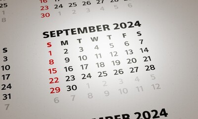 Calendar with month of September 2024 in focus. 3D rendering