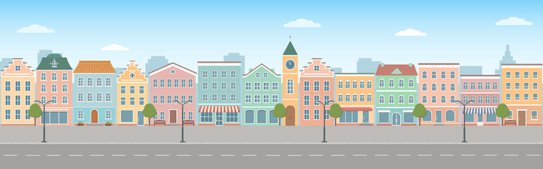City life illustration with house facades, road and other urban details.  Panoramic view. Flat style, vector illustration.