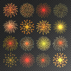 Colorful festive fireworks collection. Realistic yellow firework, sparkling fire burst. Bursting firecracker rockets. Christmas or New Year celebrating. Vector illustration.