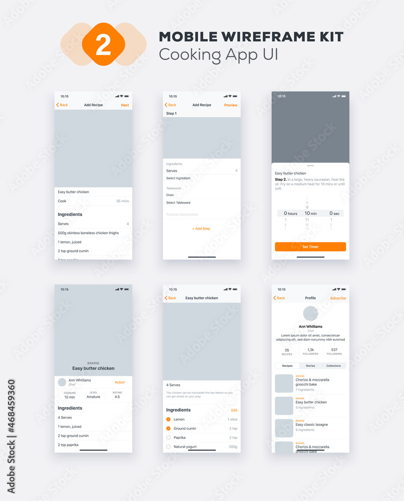 Sticker mobile app ui, ux design kit. cooking web site or mobile template. responsive gui layout.