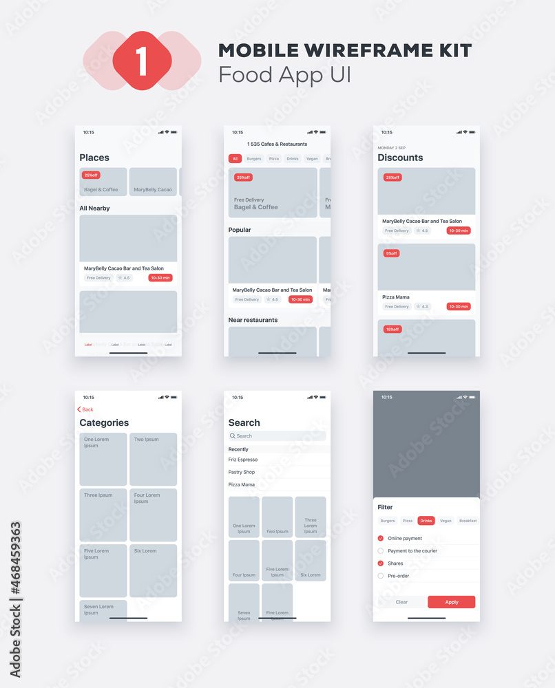 Wall mural mobile app ui, ux design kit. food web site or mobile template. responsive gui layout.