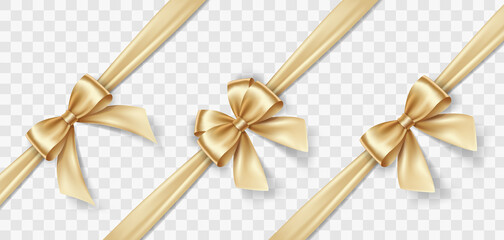 Set of satin decorative golden bows with horizontal yellow ribbon isolated on white background. Vector gold bow and gold ribbon - 468459340