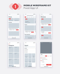 Mobile app UI, UX design kit. Food web site or mobile template. Responsive GUI layout.
