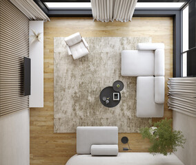 Interior of modern living room top view 3D rendering