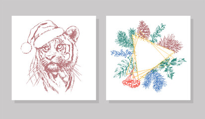 Tiger in Christmas hat. Print on a postcard or poster. Vector illustration. Holiday card. New Year's and Christmas. Santa Claus.